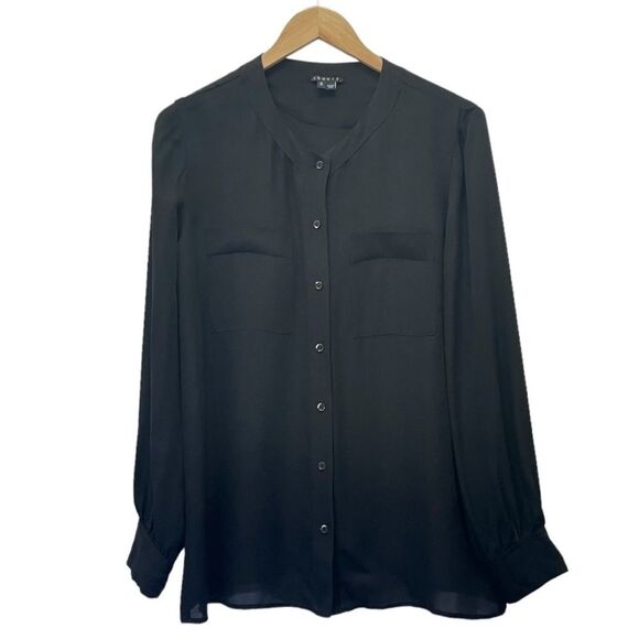 Theory Silk Blouse Black Band Collar Long Sleeve Button Front Top Size Medium - Picture 1 of 11
